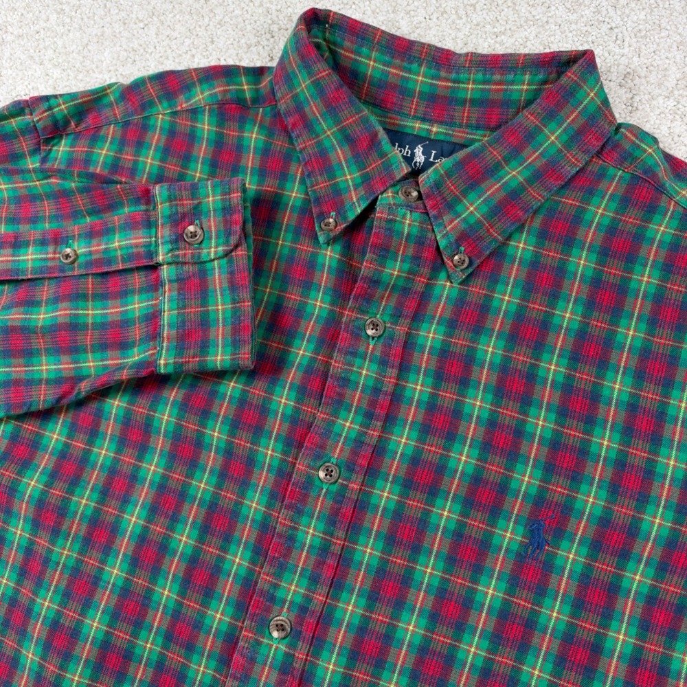 Ralph Lauren Button Down Shirt Men XL Green Red Plaid Classic Fit Long Sleeve